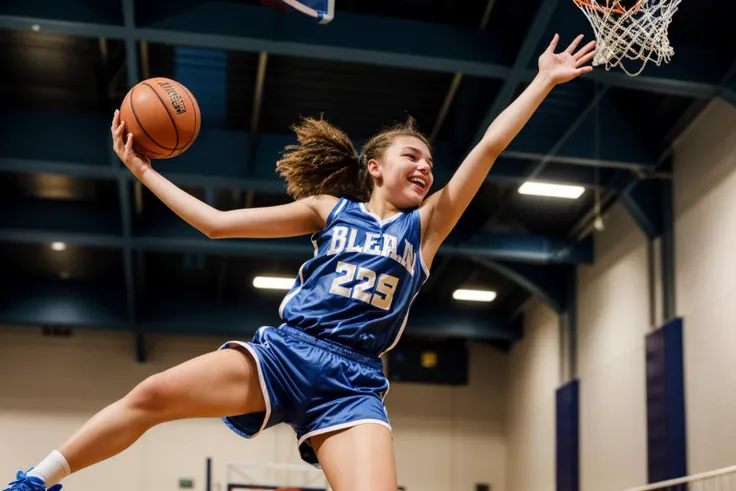 photo of a 18 year old girl,basketball player in a blue shorts jumps in the air,holding a ball in her hand and shooting it towards the hoop,happy,laughing,ray tracing,detail shadow,shot on Fujifilm X-T4,85mm f1.2,depth of field,bokeh,motion blur,<lora:add_detail:1>,