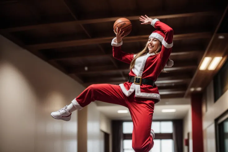 photo of a 18 year old girl,basketball player jumps in the air,holding a ball in her hand and shooting it towards the hoop,happy,laughing,Santa Clausâs outfit,Red Coat,Red Hat,Red Trousers,Black Belt,Black Boots,White Gloves,christmas theme,ray tracing,detail shadow,shot on Fujifilm X-T4,85mm f1.2,depth of field,bokeh,motion blur,<lora:add_detail:1>,
