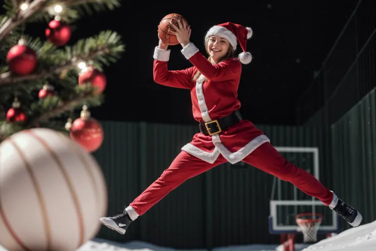 photo of a 18 year old girl,basketball player,jumps in the air,holding a ball in her hand and shooting it towards the hoop,happy,laughing,looking at viewer,Santa Clausâs outfit,Red Coat,Red Hat,Red Trousers,Black Belt,Black Boots,White Gloves,christmas theme,Christmas tree,snowman,outdoor,windy,heavy snow,detail background,ray tracing,detail shadow,shot on Fujifilm X-T4,85mm f1.2,depth of field,bokeh,motion blur,<lora:add_detail:1>,