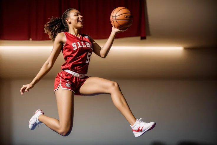 photo of a 18 year old girl,basketball player in red shorts jumps in the air,holding a ball in her hand and shooting it towards the hoop,happy,laughing,ray tracing,detail shadow,shot on Fujifilm X-T4,85mm f1.2,depth of field,blurry background,bokeh,motion blur,<lora:add_detail:1>,