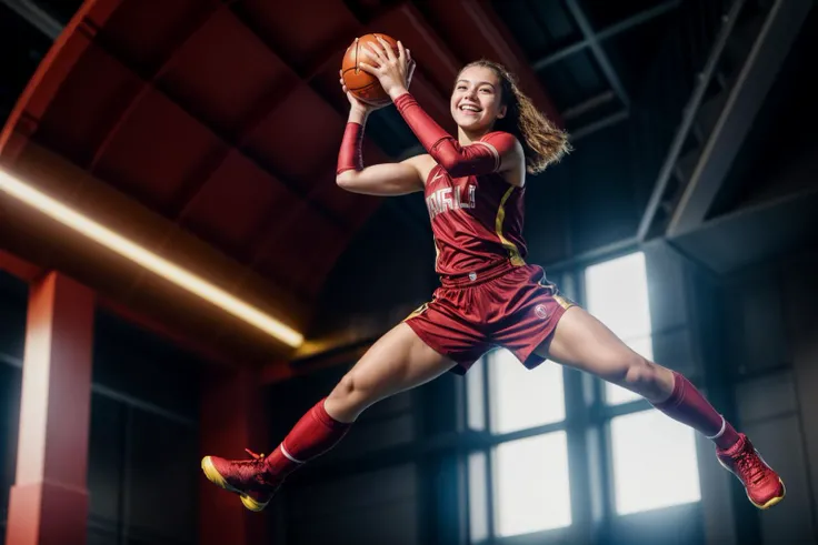 Marvel s,photo of a 18 year old girl,ironman,basketball player,jumps in the air,holding a ball in her hand and shooting it towards the hoop,happy,laughing,looking at viewer,ray tracing,detail shadow,shot on Fujifilm X-T4,85mm f1.2,depth of field,bokeh,motion blur,<lora:add_detail:1>,