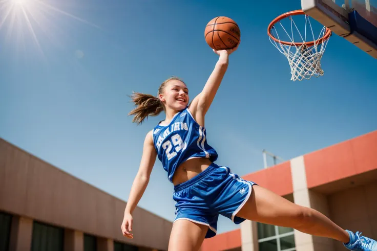 photo of a 18 year old girl,basketball player in a blue shorts jumps in the air,holding a ball in her hand and shooting it towards the hoop,happy,laughing,ray tracing,detail shadow,shot on Fujifilm X-T4,85mm f1.2,depth of field,bokeh,motion blur,<lora:add_detail:1>,