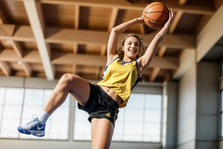 photo of a 18 year old girl,basketball player in a yellow shorts jumps in the air,holding a ball in her hand and shooting it towards the hoop,happy,laughing,looking at viewer,basketball court,ray tracing,detail shadow,shot on Fujifilm X-T4,85mm f1.2,depth of field,bokeh,motion blur,<lora:add_detail:1>,