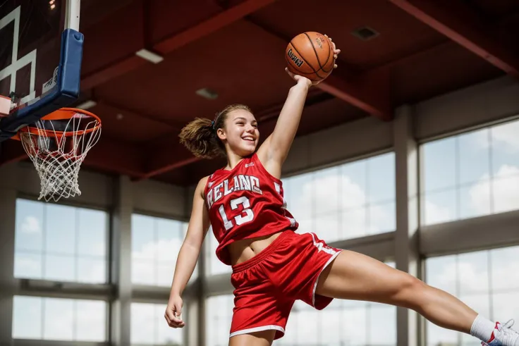 photo of a 18 year old girl,basketball player in a red shorts jumps in the air,holding a ball in her hand and shooting it towards the hoop,happy,laughing,ray tracing,detail shadow,shot on Fujifilm X-T4,85mm f1.2,depth of field,bokeh,motion blur,<lora:add_detail:1>,