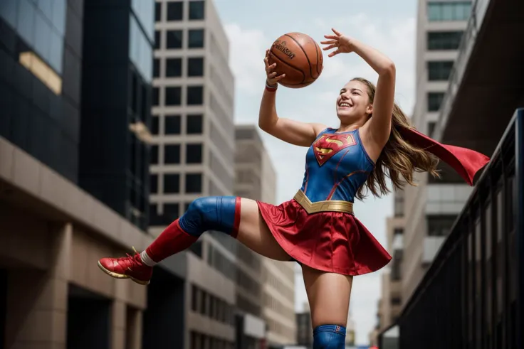 DC s,photo of a 18 year old girl,supergirl,basketball player jumps in the air,holding a ball in her hand and shooting it towards the hoop,happy,laughing,ray tracing,detail shadow,shot on Fujifilm X-T4,85mm f1.2,depth of field,bokeh,motion blur,<lora:add_detail:1>,