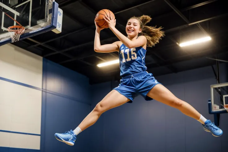 photo of a 18 year old girl,basketball player in a blue shorts jumps in the air,holding a ball in her hand and shooting it towards the hoop,happy,laughing,looking at viewer,ray tracing,detail shadow,shot on Fujifilm X-T4,85mm f1.2,depth of field,bokeh,motion blur,<lora:add_detail:1>,