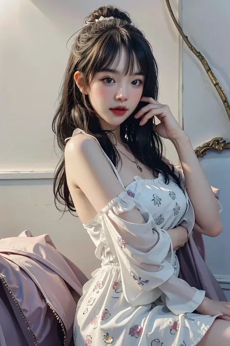 best quality, masterpiece, highres, realistic,photographic,(exquisite body:1.2),gorgeous face,(milky skin:1.3),intricate details,high resolution,high detail RAW color photo,wallpaper
1girl, purple hair, dress, hair ornament, solo, breasts, bare shoulders, white dress, crystal, Crystal skirt, jewelry, looking_to_the_side, asymmetrical_sleeves, clothing_cutout, shiny_hair, hair_rings, floating, spotlight, alternate_costume, sparkle,Multi-layer dress, floral print, 
(VSCO A7:1.5),16K,HDR,highres,depth field,(film grain:1.1),boken,ISO 200,golden hour,(lens flare),vignette,rainbowing,(color grading:1.5)