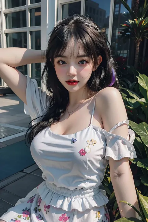 best quality, masterpiece, highres, realistic,photographic,(exquisite body:1.2),gorgeous face,(milky skin:1.3),intricate details,high resolution,high detail RAW color photo,wallpaper
1girl, purple hair, dress, hair ornament, solo, breasts, bare shoulders, white dress, crystal, Crystal skirt, jewelry, looking_to_the_side, asymmetrical_sleeves, clothing_cutout, shiny_hair, hair_rings, floating, spotlight, alternate_costume, sparkle,Multi-layer dress, floral print,
(VSCO A7:1.5),16K,HDR,highres,depth field,(film grain:1.1),boken,ISO 200,golden hour,(lens flare),vignette,rainbowing,(color grading:1.5)