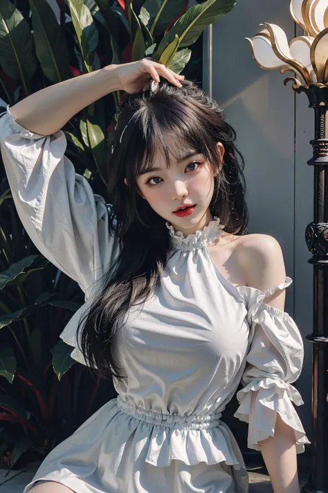 best quality, masterpiece, highres, realistic,photographic,(exquisite body:1.2),gorgeous face,(milky skin:1.3),intricate details,high resolution,high detail RAW color photo,wallpaper
1girl, purple hair, dress, hair ornament, solo, breasts, bare shoulders, white dress, crystal, Crystal skirt, jewelry, looking_to_the_side, asymmetrical_sleeves, clothing_cutout, shiny_hair, hair_rings, floating, spotlight, alternate_costume, sparkle,Multi-layer dress, floral print,
(VSCO A7:1.5),16K,HDR,highres,depth field,(film grain:1.1),boken,ISO 200,golden hour,(lens flare),vignette,rainbowing,(color grading:1.5)