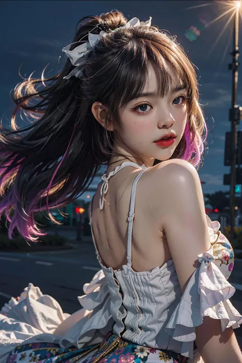 best quality, masterpiece, highres, realistic,photographic,(exquisite body:1.2),gorgeous face,(milky skin:1.3),intricate details,high resolution,high detail RAW color photo,wallpaper
1girl, purple hair, dress, hair ornament, solo, breasts, bare shoulders, white dress, crystal, Crystal skirt, jewelry, looking_to_the_side, asymmetrical_sleeves, clothing_cutout, shiny_hair, hair_rings, floating, spotlight, alternate_costume, sparkle,Multi-layer dress, floral print,
(VSCO A7:1.5),16K,HDR,highres,depth field,(film grain:1.1),boken,ISO 200,golden hour,(lens flare),vignette,rainbowing,(color grading:1.5)