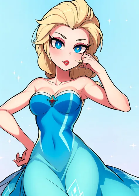 (masterpiece, best quality:1.15), 1girl, solo, (elsa:1.1), from disney's frozen, ice blue and silver, blonde hair, ice blue dress, blue eyes, red lips, shimmering, sparkle