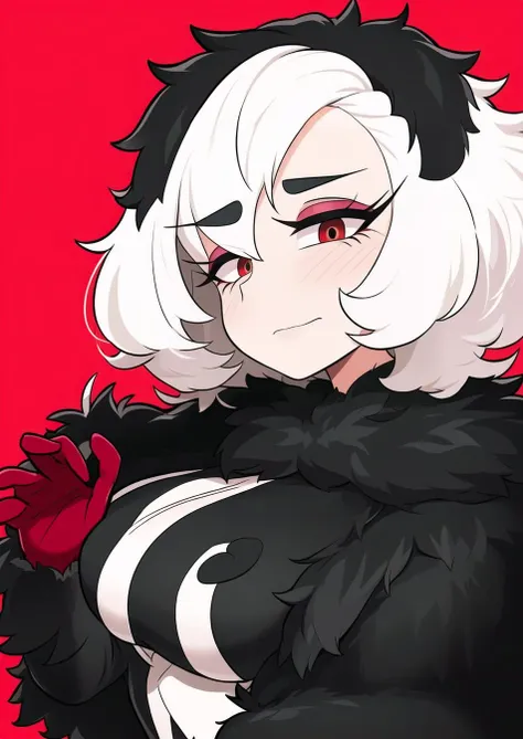 (masterpiece, best quality:1.1), 1girl, solo, (cruella de vil:1.1), old, wrinkles, from disney's one hundred and one dalmatians, (mature female:1.1), black and white, black and white hair, large fur coat, red gloves