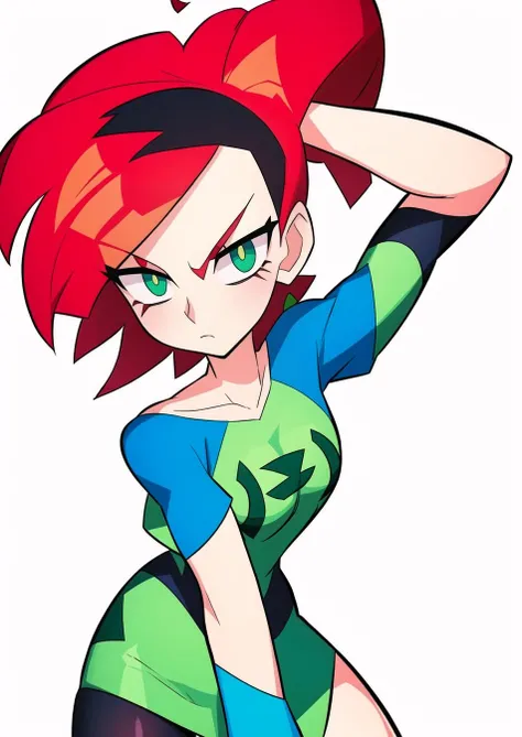 (masterpiece, best quality:1.2), 1girl, solo, (gwen Ttennyson:1.1), from ben 10, white and blue outfit, short red hair, green eyes, t-shirt