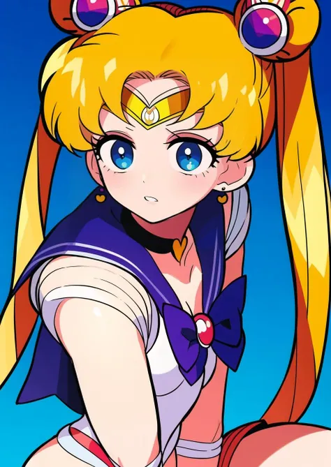 best quality, ultra-detailed, (1girl, solo, <lyco:supersailormoon-v1:1>, supersailormoon, double bun, twintails, circlet, jewelry, earrings, choker, red bow, white gloves, elbow gloves, miniskirt,, sitting, staring,),, at a market,