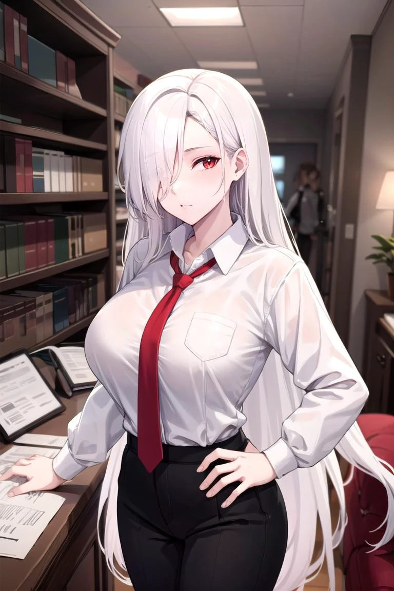 1girl, solo, long hair, white hair, hair over one eye, red eyes, collared shirt, white shirt, long sleeves, necktie, red necktie, pants, black pants, large breasts, standing, looking at viewer, indoors, <lyco:Kanta077StyleV1:0.7>