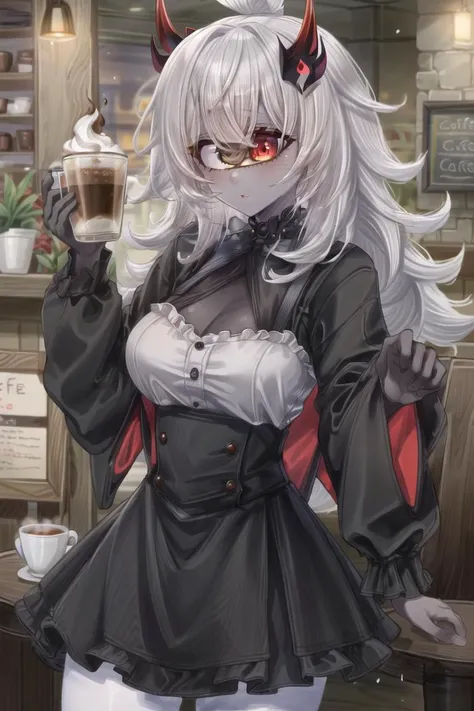 ((best quality)), ((highly detailed)), masterpiece, (detailed eyes, deep eyes), (1girl), cowboy shot, <lora:hairdetailer:1>, <lora:aiomonstergirls_loraLocon:.1>, ((gazer)), <lora:animeCyclops_v10:.9>, cyclop, (cyclops), one-eyed, colored skin, yellow colored sclera, red colored eyes, extra eyes, colored skin, grey colored skin, dark grey hair, medium breasts, (at a cafe, coffee), <lora:Kanta077StyleV1:.6>