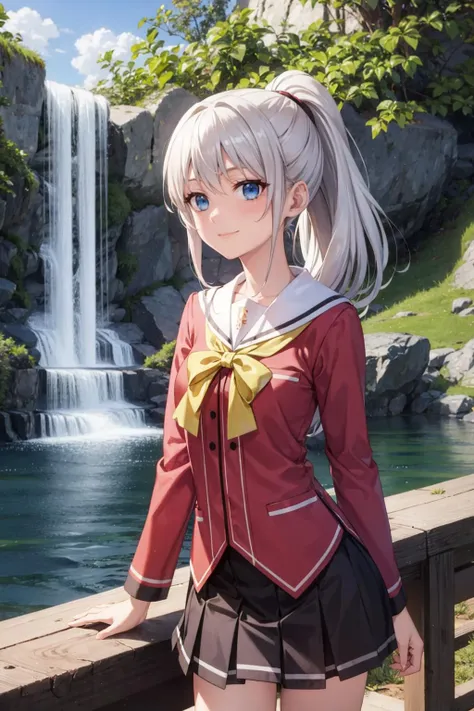 masterpiece, best quality, light smile, cowboy shot BREAK tomori nao, ponytail, silver hair, blue eyes BREAK school uniform BREAK waterfall background <lora:nao-test1:0.8>