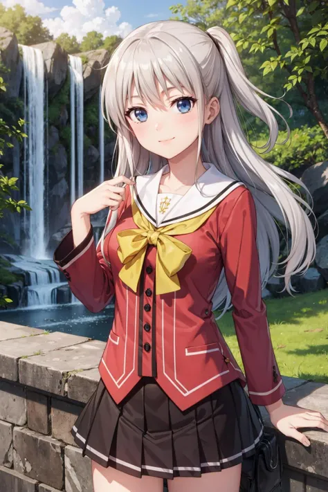 masterpiece, best quality, light smile, cowboy shot BREAK tomori nao, two side up, silver hair, blue eyes BREAK school uniform BREAK waterfall background <lora:nao-test1:0.8>