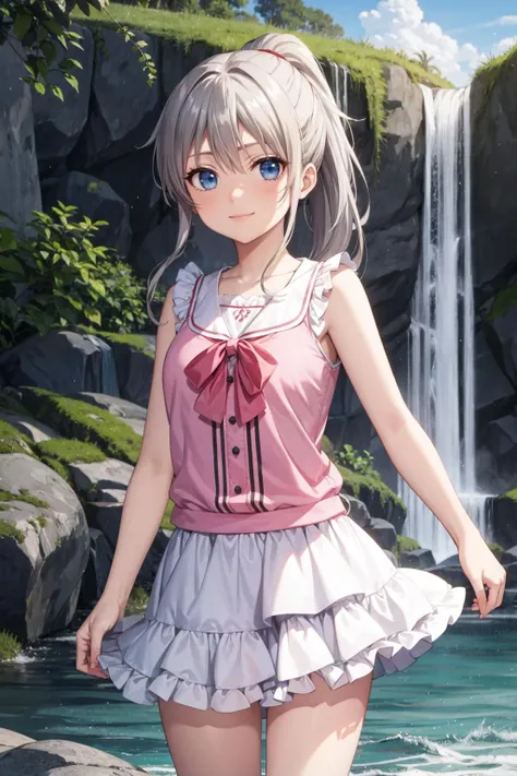 masterpiece, best quality, light smile, cowboy shot BREAK tomori nao, ponytail, silver hair, blue eyes BREAK frilled skirt, layered skirt, white skirt, sleeveless shirt, pink shirt BREAK waterfall background <lora:nao-test1:0.8>