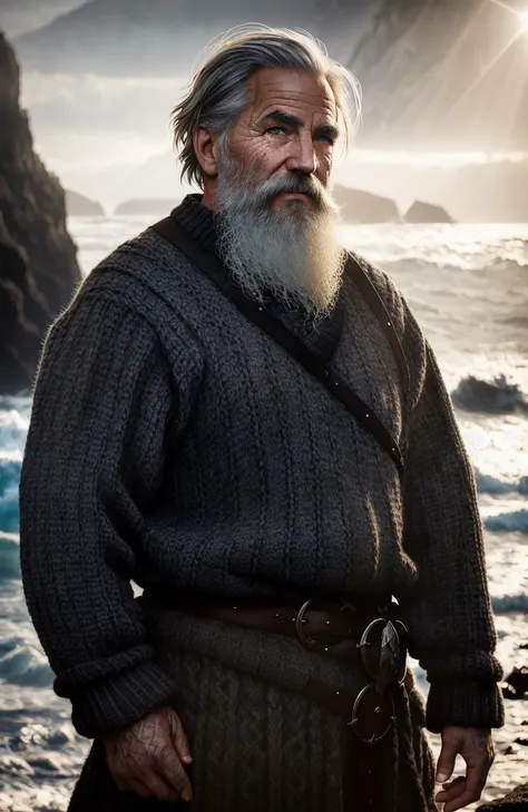 award winning portrait photo of an older male medieval grizzled sailor in a knitted sweater with wrinkles on face, ocean, waves, mountain cliffside with breaking waves, stormy, sinister, evil, (backlighting:1.3), digital painting, concept art, smooth, sharp focus, rule of thirds, dark fantasy,intricate details, medium shot