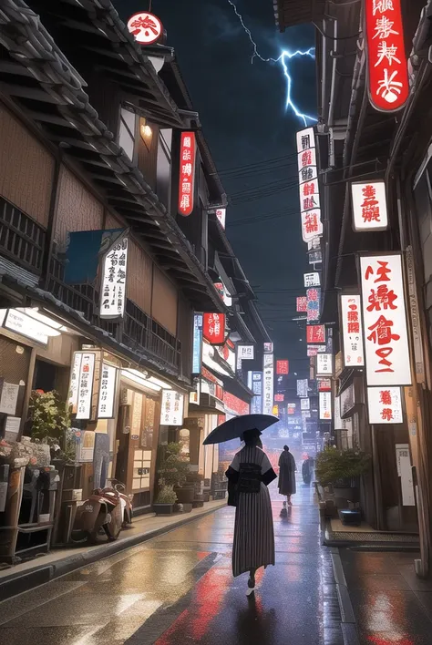 (extremely detailed CG unity 8k wallpaper),(masterpiece), (best quality), (realistic), cyberpunk, japan, scenery, banners, night, beautiful lightning, detailed, geisha in kimono