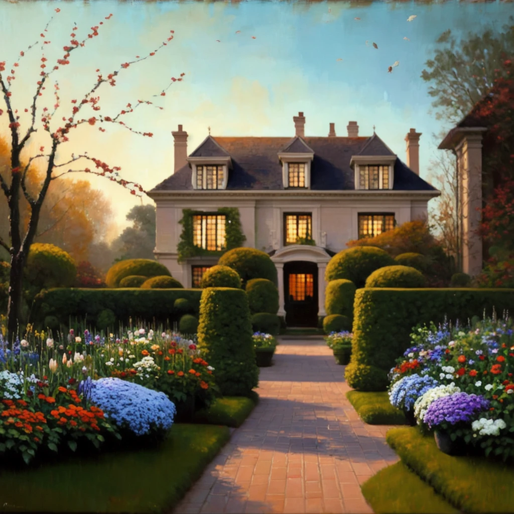outside an impressive mansion, garden, flowers,cozy lighting, wide angle, oil painting, painterly, broad brush strokes, thick paint strokes