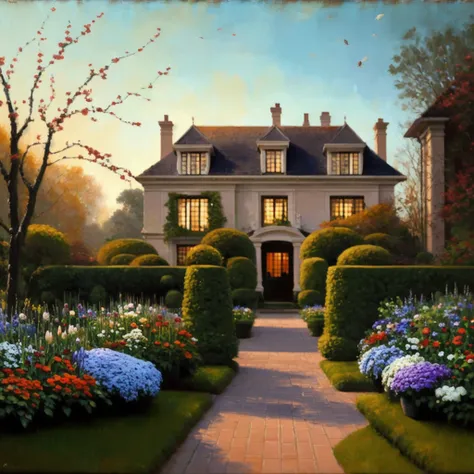 outside an impressive mansion, garden, flowers,cozy lighting, wide angle, oil painting, painterly, broad brush strokes, thick paint strokes