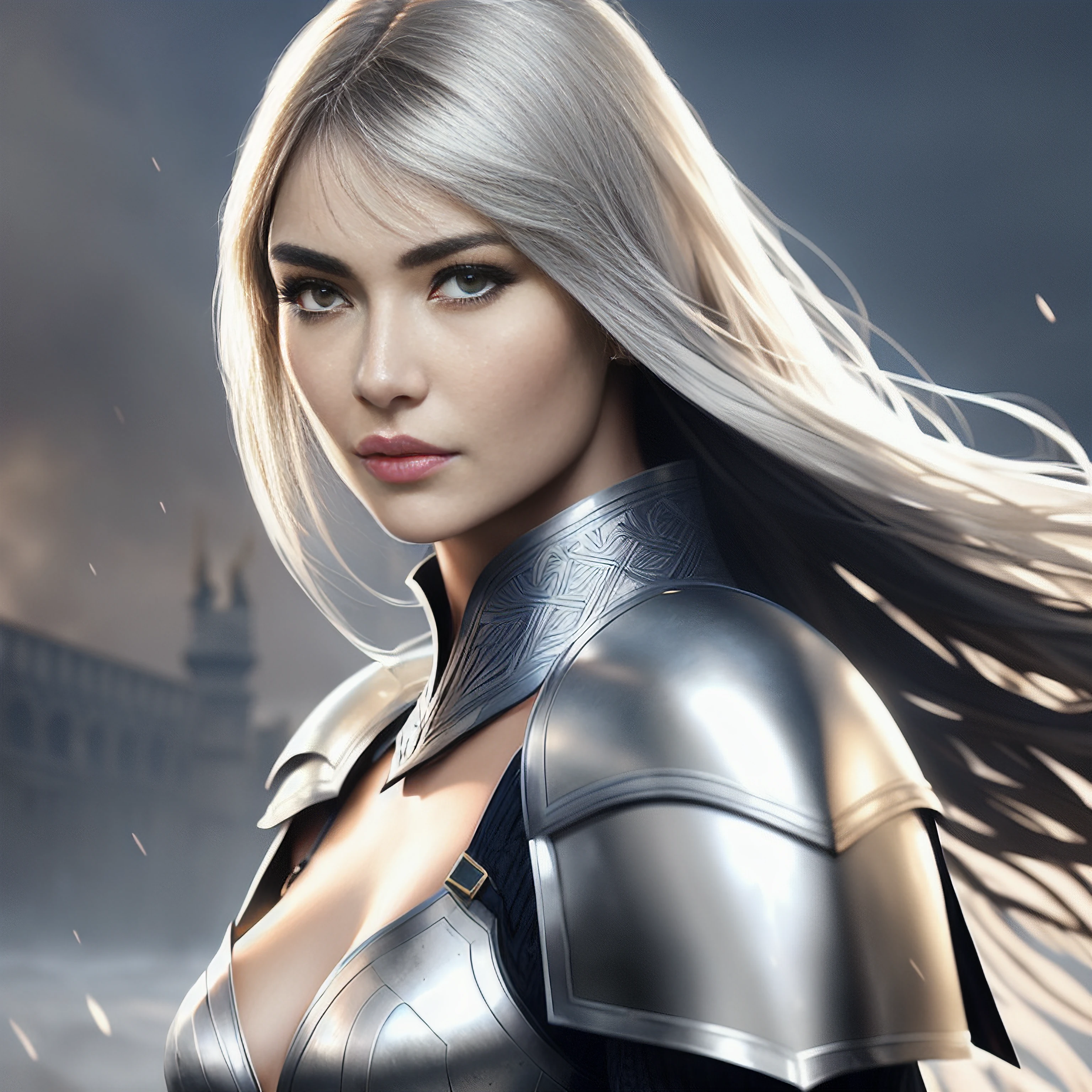 a professional portrait of Olga Kurylenko as beautiful young female warrior, clothed in battle armor, olive skin, long silver hair, perfect blue eyes, beautiful bone structure, symmetrical facial features, intricate, elegant, digital painting, concept art, smooth, sharp focus, finely detailed, volumetric lighting, behind a grand castle