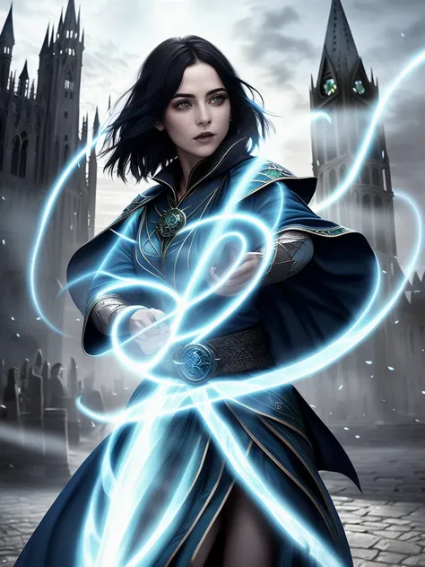 award winning waist up photo of a beautiful fantasy wizard wearing blue and white robes casting a spell, short black hair, bright green eyes, medieval city in the background, dark, ominous, magical, high contrast, shiny skin, soft lighting, backlighting, bloom, magic effects, chromatic aberration, sharp focus