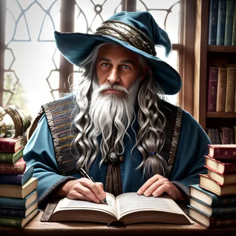 award winning waist up photo of a rugged fantasy wizard, 8K, wizard hat, wearing torn wizard robes, old and wrinkled, long white hair and beard, blue eyes, library, books in foreground, large window in background, fantasy, wonder, amazing, magical tools on table in background, bright wizard office or study, shiny skin, backlighting, bloom, light sparkles, sharp focus