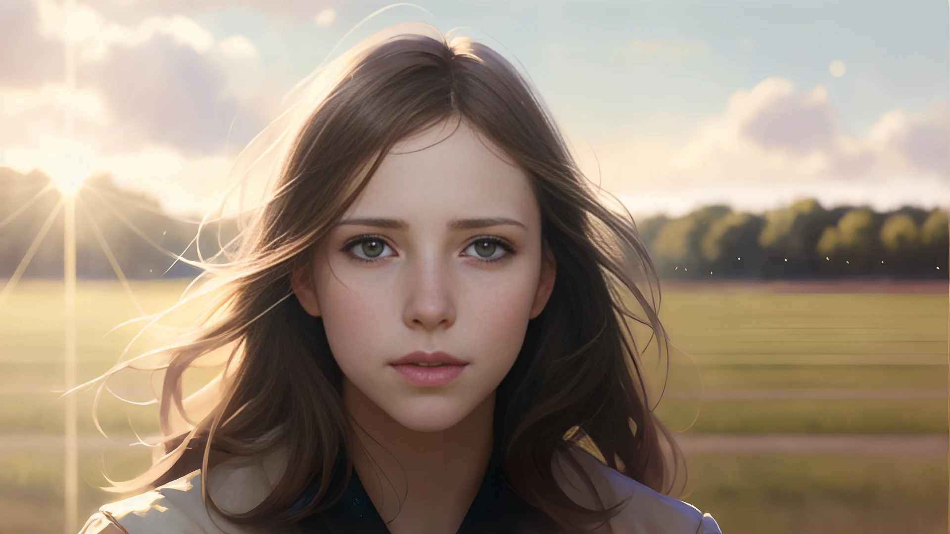 portrait of a cute woman in a bright windy field, river, (backlighting), realistic, masterpiece, highest quality, lens flare, shade, bloom, [[chromatic aberration]], by Jeremy Lipking, by Antonio J. Manzanedo, digital painting, Style-GlassFinal, natural skin texture