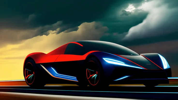 illustration, futuristic sportscar cruising on a highway, horizon, fast, speed, dark clouds, lightning, depth of field, brake lights, neon, Lamorghini, streamlined, abstract, high performance, air turbulence, reflection, dramatic, turbo