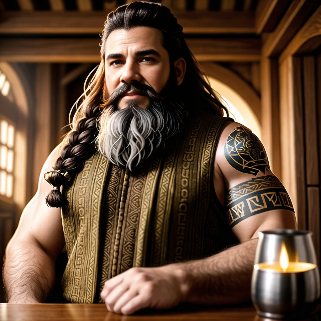 dwarf king in fantasy dwarf armor, wooden tankard, mead, long braid hair, long braid beard, crown on head, dwarf style, dwarf tattoo, (masterpiece), (max detail), , unreal engine, octane render, 8k uhd, tattoo, sweat skin, fitnes detail body, masterpiece, max detail, stunning environment, smile, ponytail, cinematic lighting, artstation, A.J.Casson, Alfons Mucha, Greg Rutkowski, WLOP, bokeh