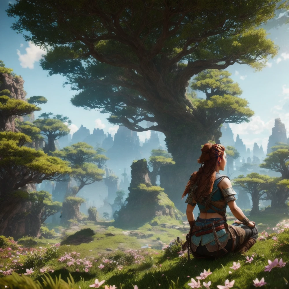 aloy, fantasyworld on background, tree, rocks, flowers, best quality, striders horizon zero dawn style on background, sittin on stomp