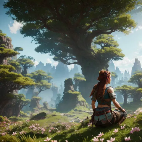 aloy, fantasyworld on background, tree, rocks, flowers, best quality,  striders horizon zero dawn style on background, sittin on stomp