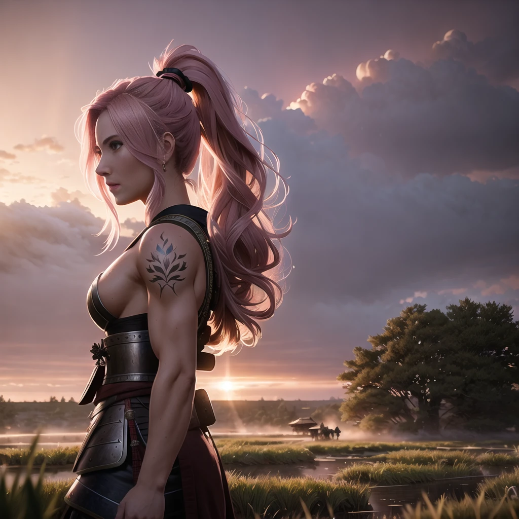 woman with long pink hair in samurai armor on battlefield, fantasy style, rocks, trees, grass, mud, fire, birds, dark clouds, dawn, rain, , (masterpiece), (max detail), , unreal engine, octane render, 8k uhd, tattoo, sweat skin, fitnes detail body, small tits, masterpiece, max detail, stunning environment, smile, ponytail, cinematic lighting, artstation, A.J.Casson, Alfons Mucha, Greg Rutkowski, WLOP