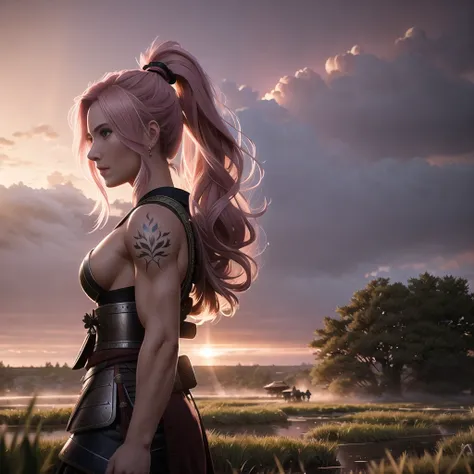 woman with long pink hair in samurai armor on battlefield, fantasy style, rocks, trees, grass, mud, fire, birds, dark clouds, dawn, rain, , (masterpiece), (max detail), , unreal engine, octane render, 8k uhd, tattoo, sweat skin, fitnes detail body, small tits, masterpiece, max detail, stunning environment, smile, ponytail, cinematic lighting, artstation, A.J.Casson, Alfons Mucha, Greg Rutkowski, WLOP
