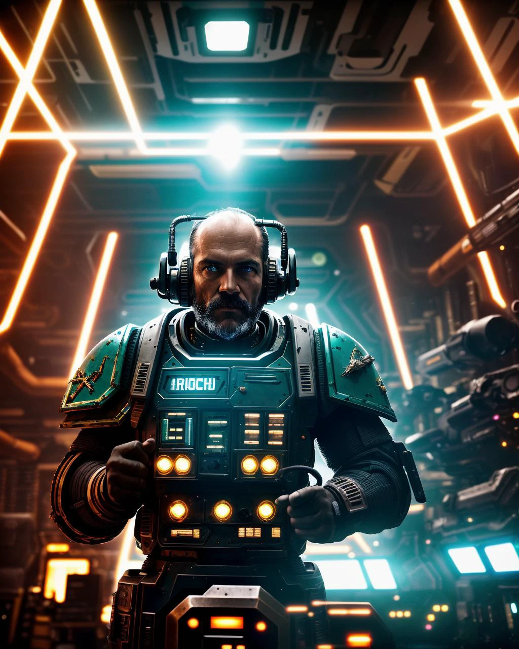 award winning waist up photo of a rugged dark science fiction space marine, wearing scratched and dented space marine gear, middle-aged, short copper hair and beard, green eyes, inside spaceship cockpit, electronic circuits hanging loose in background, flashing control panel in foreground, science fiction, action, dark, tools on floor in background, dark red lighting, high contrast, shiny skin, backlighting, bloom, light sparkles, chromatic aberration, sharp focus