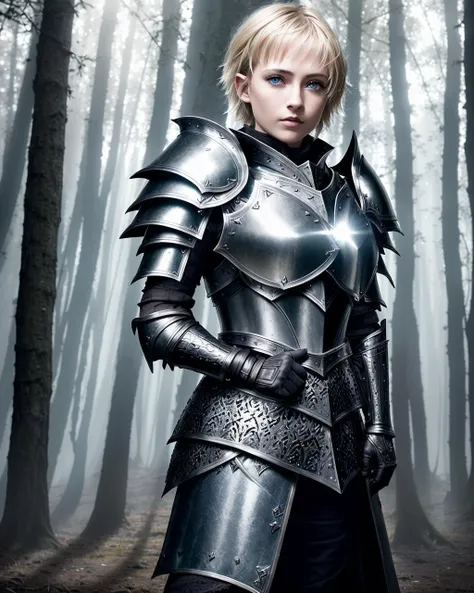 award winning waist up photo of a beautiful fantasy warrior, wearing torn black leather armor, tarnished and scratched silver pauldrons, worn leather gloves, short blonde hair, bright blue eyes, dense forest in background, dark, ominous, foggy, high contrast, shiny skin, soft lighting, backlighting, bloom, light sparkles, chromatic aberration, sharp focus