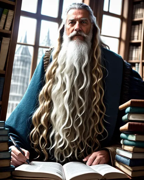 award winning waist up photo of a rugged fantasy wizard, wearing torn wizard robes, old and wrinkled, long white hair and beard, blue eyes, library, books in foreground, large window in background, fantasy, wonder, amazing, magical tools on table in background, bright wizard office or study, high contrast, shiny skin, backlighting, bloom, light sparkles, chromatic aberration, sharp focus