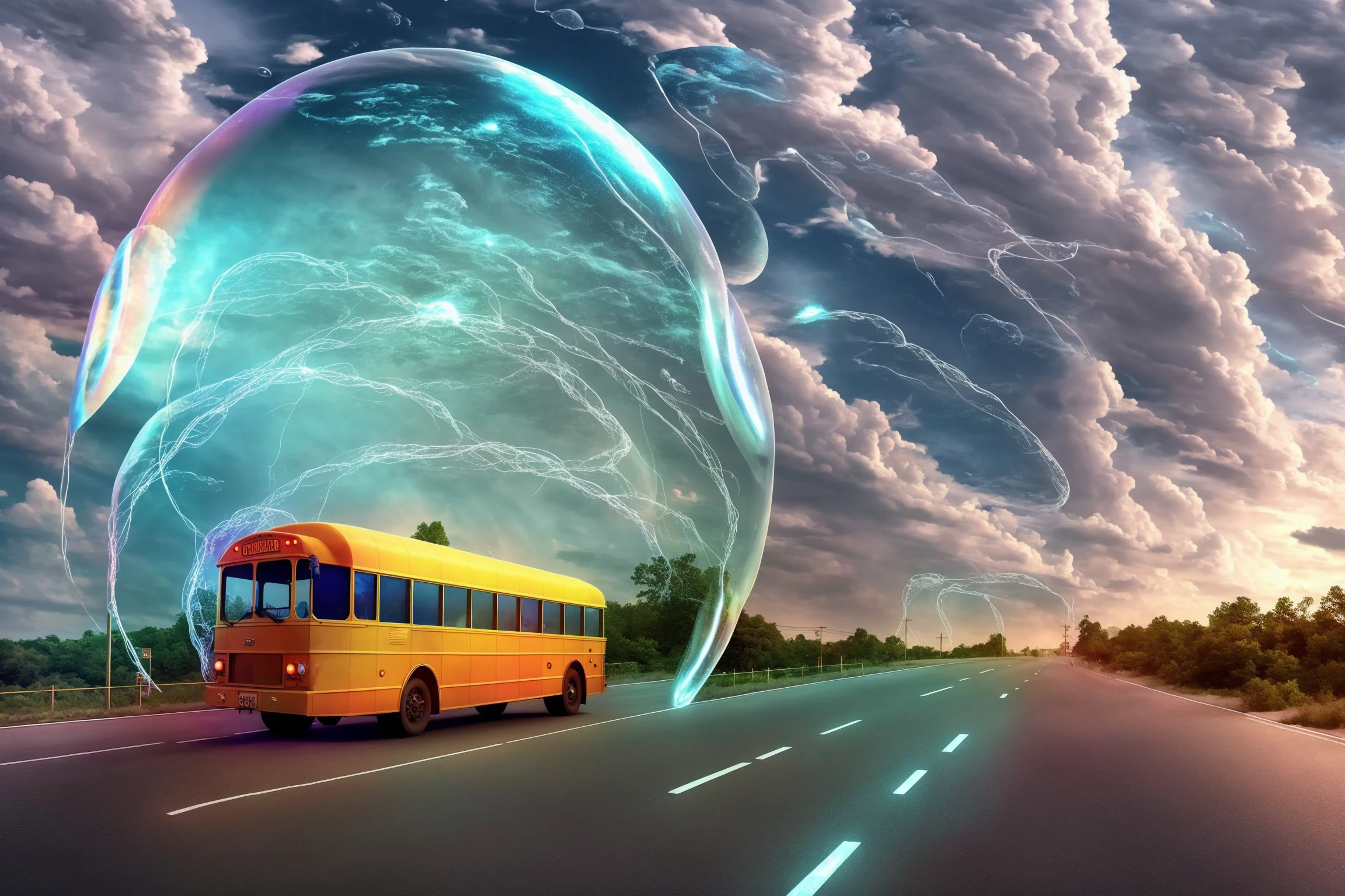 a retrofuturistic school bus drives through a (lightning storm:0.8), (shield bubble:1.2), highway, scenic route, highway sign, (fire tornado:0.7)