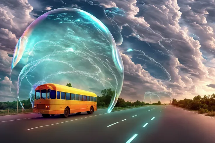 a retrofuturistic school bus drives through a (lightning storm:0.8), (shield bubble:1.2), highway, scenic route, highway sign, (fire tornado:0.7)