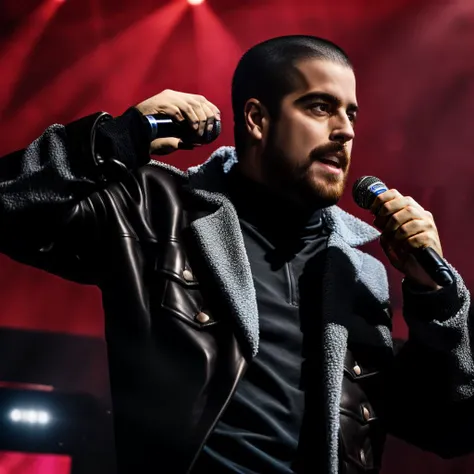 portrait of sks man with black leather jacket in the stage with a microphone in the hand, full body, 8k <lyco:locon_perfecteyes_v1_from_v1_64_32:0.75> <lora:fontanet:1>