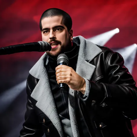 portrait of sks man with black leather jacket in the stage with a microphone in the hand, full body, 8k <lyco:locon_perfecteyes_v1_from_v1_64_32:0.75> <lora:fontanet:1>