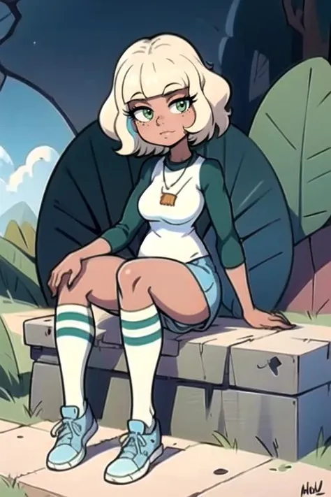 <lora:JackieLynn-10:0.8> 1girl, solo, bangs, blonde hair, shirt, long sleeves, jewelry, sitting, green eyes, full body, white shirt, shoes, shorts, socks, signature, dark skin, mole, dark-skinned female, kneehighs, mole under eye, white socks, blue shorts, outline, white outline, raglan sleeves