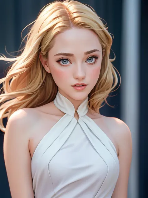 Realistic photo of a beautiful 3v4nr4ch3l woman,1girl, solo, long hair, blonde hair, dress, bare shoulders, parted lips, sleeveless, white dress, blurry, sleeveless dress, blurry background, halterneck, realistic, professional Photography, Photorealistic, detailed, RAW, analog, sharp focus, 8k, HD, DSLR, high quality, Fujifilm XT3, film grain, award winning, masterpiece<lora:3v4nr4ch3l:1.0>