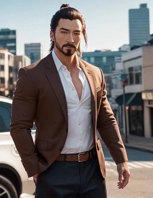 1970s,Italian Mafia Boss,Middle-aged men,muscular and thick body,Dignified pose,Well-tailored, high-end white suit,Sharp Eyes,A fearless smile,Sexy and dandy,Luxury watches and jewels,