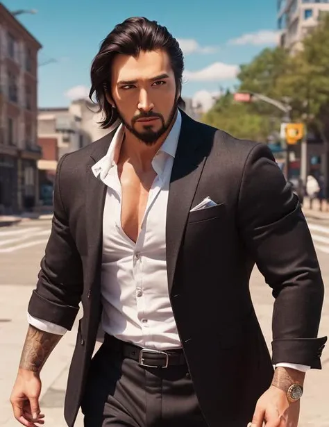 a raw photo of muscular male,best quality,8k uhd, dslr, modelshot style, best quality, film grain,vehicle,outdoors, city background,dynamic pose,frowning,a neat blazer and a nice beard,open shirt,open fly,open belt,adult, brown hair , sleeves rolled up, ow hanzo