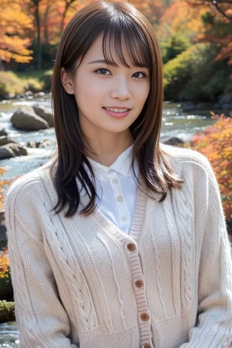 1girl,(wearing a dress and cardigan:1.2),(RAW photo, best quality), (realistic, photo-realistic:1.4), masterpiece, an extremely delicate and beautiful, extremely detailed, 2k wallpaper, Amazing, finely detail, extremely detailed CG unity 8k wallpaper, ultra-detailed, highres, soft light, beautiful detailed girl, extremely detailed eyes and face, beautiful detailed nose, beautiful detailed eyes,cinematic lighting,(in a beautiful forest of pine trees at a Japanese countryside),(autumn scenery:1.3),(maple trees in autumn),(by a small rocky river),(morning light),perfect anatomy,slender body,smiling,(hair with bangs) <lora:akimotomanatsu_lora:0.8>