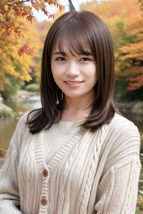 1girl,(wearing a dress and cardigan:1.2),(RAW photo, best quality), (realistic, photo-realistic:1.4), masterpiece, an extremely delicate and beautiful, extremely detailed, 2k wallpaper, Amazing, finely detail, extremely detailed CG unity 8k wallpaper, ultra-detailed, highres, soft light, beautiful detailed girl, extremely detailed eyes and face, beautiful detailed nose, beautiful detailed eyes,cinematic lighting,(in a beautiful forest of pine trees at a Japanese countryside),(autumn scenery:1.3),(maple trees in autumn),(by a small rocky river),(morning light),perfect anatomy,slender body,smiling,(hair with bangs) <lora:akimotomanatsu_lora:0.8>